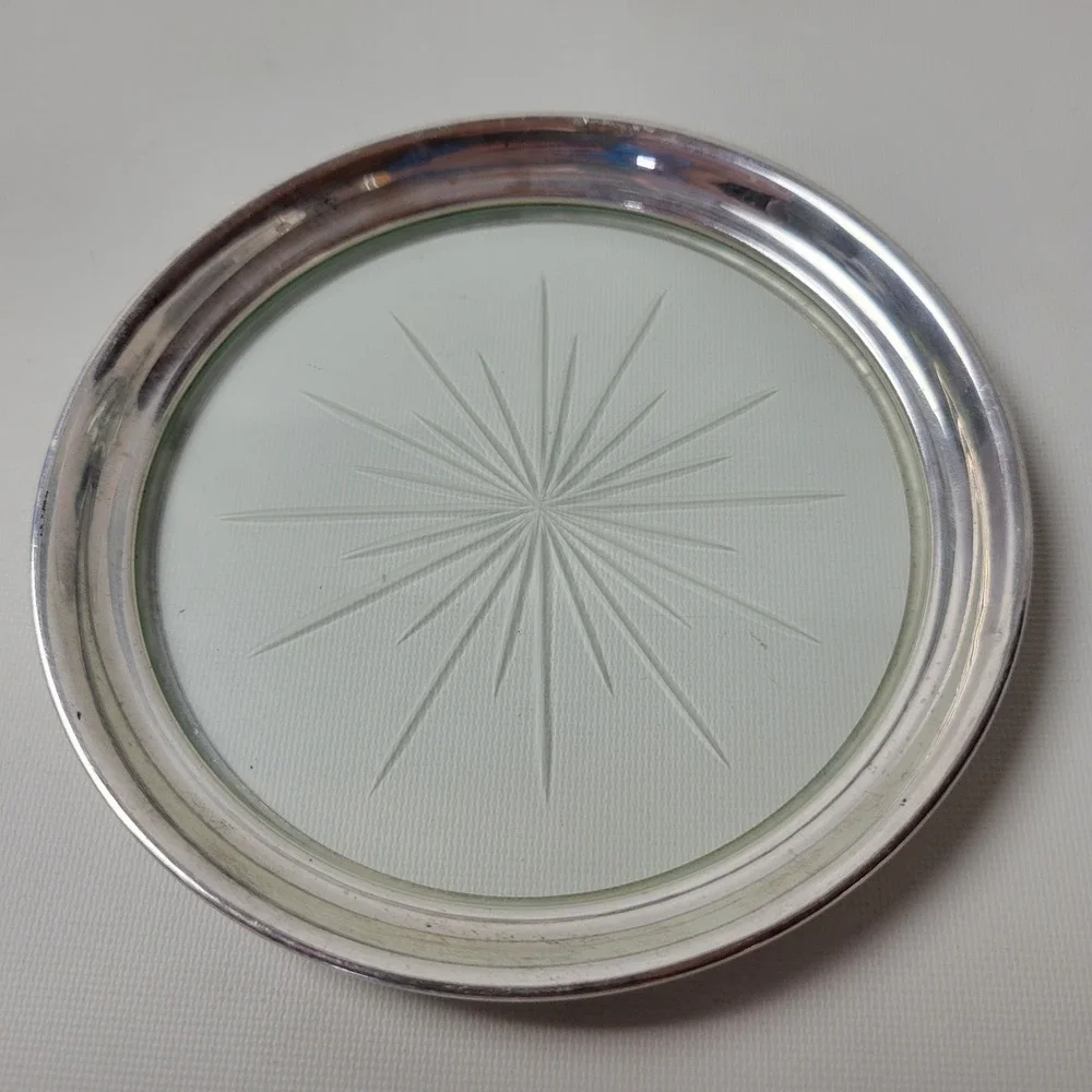 Vtg Webster Company Sterling Silver Etched Starburst Glass Wine Coaster
